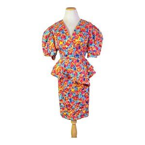 Vintage Raul Blanco Size 8 Silk Jacket Skirt Set 1980s Floral